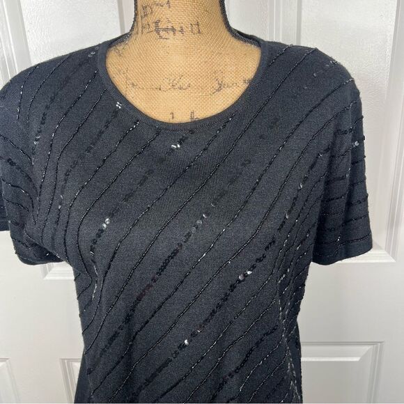 Sz L Kathy Ireland Silk Wool Blend Sequin Knit Short Sleeve Top - Picture 4 of 9